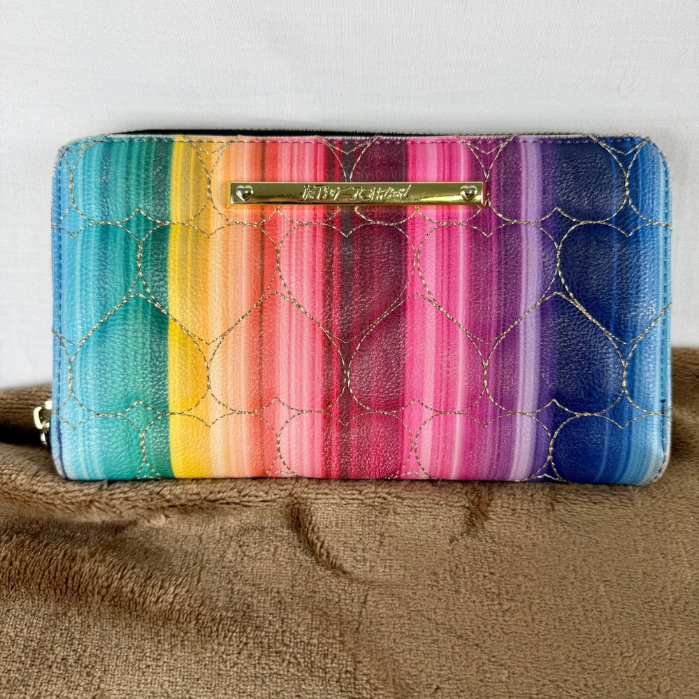 Betsey Johnson Rainbow Stripe Heart Quilted Zip Around Wallet Gold Logo